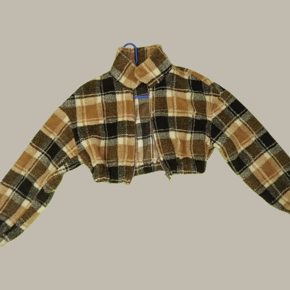 Plaid Teddy Jacket (Brown) - Picture 3 of 4